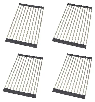 Immagine prodotto di Sottopentola pieghevole in acciaio inossidabile – Set da 4 – Sottopentola pieghevole resistente al calore per lavello e piano di lavoro, con base in silicone antiscivolo, griglia per il drenaggio e utensili da cucina, pieghevole (37x21 cm)