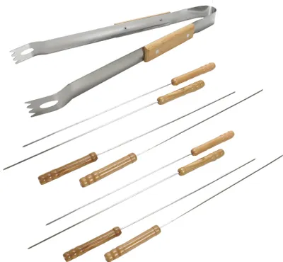 Produktbild von Grillzange aus Edelstahl mit Eichengriff und 8 Luxus-Grillspieße, Zange ca. 39 cm lang mit Zacken zum Halten, Grillspieße mit Holzgriff für Fleisch-, Fisch-, Gemüse- oder Obstspieße, (L) ca. 38,5 cm