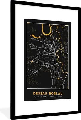 Produktbild von MuchoWow® Gerahmtes Poster Schwarz und Gold - Stadtplan - Desseau Roßlau - Deutschland - Karte 60x90 cm - Poster mit Schwarzem Bilderrahmen Wandposter Rahmen Foto Bilder - Dekoration - Wandposter Wohnzimmer - Hochwertig