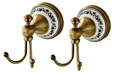 Produktbild von 2er-Set Handtuchhaken mit Porzellanplatte, Antikes Messing Design für Badezimmer und Flur, Wandhaken mit stabiler Montage