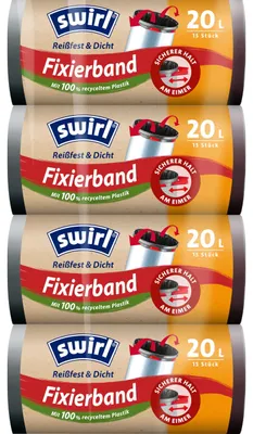 Produktbild von Swirl Reißfest & Dicht Fixierband Müllbeutel 20 l (4 x 15 Beutel), tropfsichere Müllsäcke für den Hausmüll, reißfeste Mülltüten für sicheren Halt am Mülleimer – Schwarz, Größe 15 stück (4er Pack)