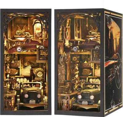 Image de Habarri | DIY Book Nook - Voiture ancienne - Puzzle 3D - Kit maison miniature avec meubles et lumière LED - Kit coin de livre
