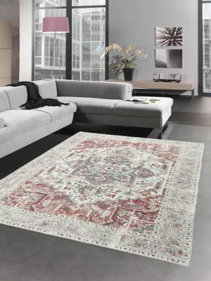 Produktbild von Klassischer Teppich mit modern orientalischen Verzierungen & Ornamenten in creme rot orange Größe - 80x150 cm