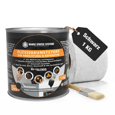 A can of black liquid plastic sealant, a roll of white reinforcing fleece, and a paintbrush are arranged on a white background.