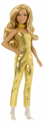 Produktbild von Barbie Fashionistas petite Körpergröße, welliges blondes Haar, goldener Jumpsuit