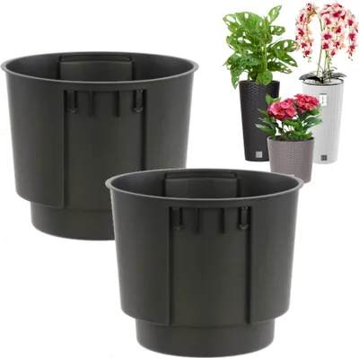 Two black plastic plant pot inserts are shown against a white background. In the background, there are three potted plants in decorative pots.