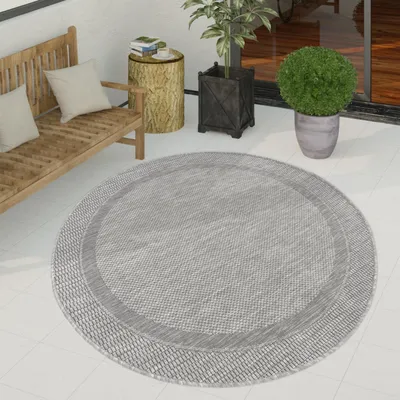 Image de Tapis d'extérieur à tissage plat aspect sisal avec bordure Résistant aux UV Robuste Dimensions : 120 cm, rond