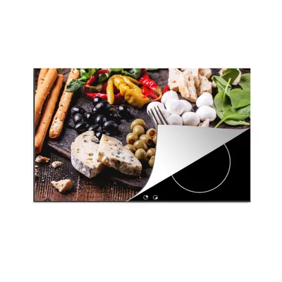 Obrázek produktu pro KitchenYeah® Krycí deska na sporák, potraviny - sýr - paprika, 89x51cm, dekorace do kuchyně, keramická krycí deska na sporák, krycí deska na sporák