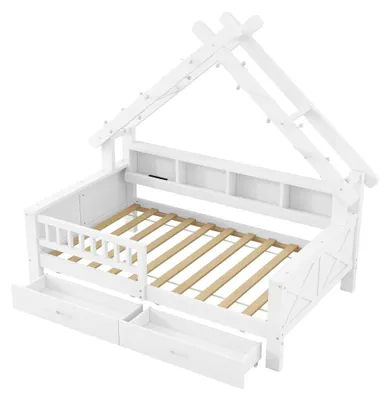 Image de Lit-cabane en bois - Lit plateforme - 90 x 200 cm - Espace de rangement - Tiroirs - Éclairage LED - Barrières de sécurité