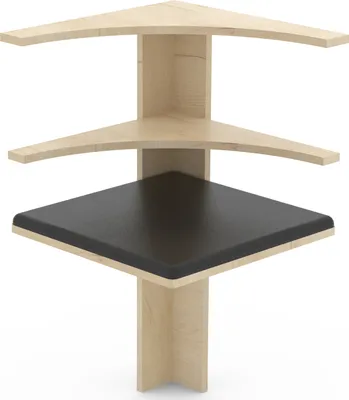 A three-tiered corner shelf unit with a black bottom shelf.