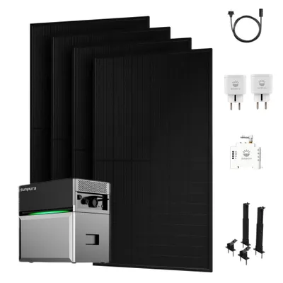 Produktbild von Balkonkraftwerk mit Speicher, Sunpura S2400 Speicher mit 2000W PV Panel & Smarter Zähler & 2x Plug, 4x Fassaden/Flachdach Halterung (0% MwSt)