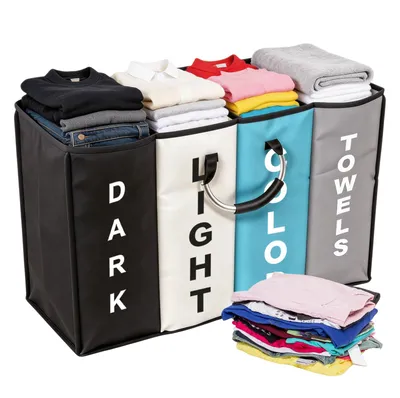 Productafbeelding van Wasmand met 4 compartimenten, opvouwbaar, 78 cm, met handgrepen, wasmand voor gebruik in de badkamer