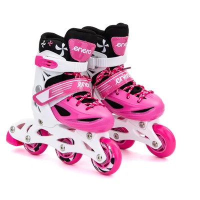 A pair of pink and white roller skates on a white background.