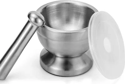 Obrázek produktu pro Nerezový hmoždíř s tloučkem a plastovým víkem - na bylinky, česnek, tablety a další suroviny