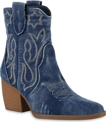Produktbild von VAN HILL Damen Cowboy Boots Stiefeletten Spitze Denim Stickereien Schuhe 840977, Farbe: Dunkelblau Denim, Größe: 37