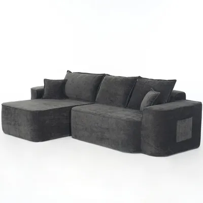 Zdjęcie produktu dla AIORBER Narożnik w kształcie litery L bez montażu, sofa modułowa z szezlongiem i głębokim siedziskiem XXL, miękka sofa szenilowa do salonu, czarna