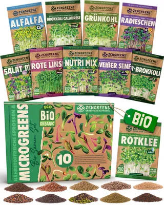 Produktbild von ZenGreens® Bio Sprossensamen Set 10 Sorten Nutri-Mix – Keimsaat für Microgreens, KI-generiertes Bild