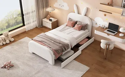Immagine prodotto di okwish Letto piano per bambini 90×200 cm, con griglia e due cassetti, letto imbottito per bambini e bambine, letto singolo funzionale con poggiatesta a forma di coniglio, bianco (senza materasso)