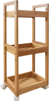 Productafbeelding van Rolwagen - Bamboe - 3 planken - MDF - Smalle niswagen - Trolley - Badkamer & keuken - 80x30x20 cm natuur