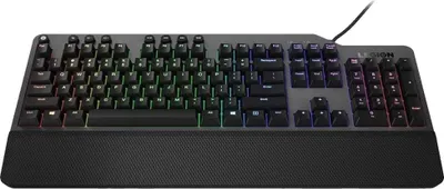 A top-down view of a black and grey Lenovo Legion K500 keyboard with RGB backlighting.