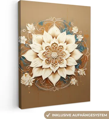 Produktbild von MuchoWow® - Leinwandbilder - Mandala - Blumen - Weiß - Braun, Wandbild, Wanddeko Bilder Wohnzimmer, 60x80 cm