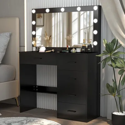 Productafbeelding van Make-up tafel met grote spiegel en LED-verlichting, voorzien van 5 lades, zwart, 80 x 131 cm