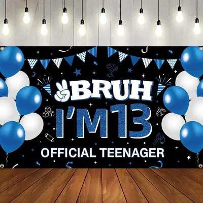 Immagine prodotto di Decorazioni per il tredicesimo compleanno, dimensioni 180 x 110 cm, striscione con la scritta "Bruh, ho 13 anni"