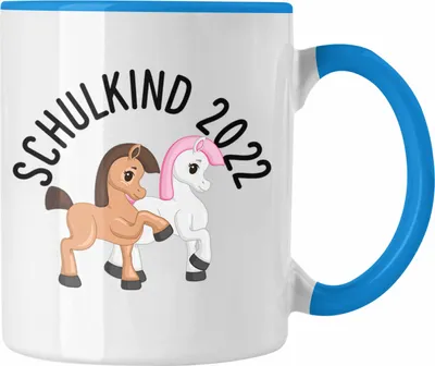 Produktbild von Trendation - Schulkind 2022 Pferde Einschulung Mädchen Geschenk Tasse Schulstart 1. Schultag Schuleinführung Schulanfang Geschenkidee 2022 Schulkind Pferde Einhorn Grafik (Blau)