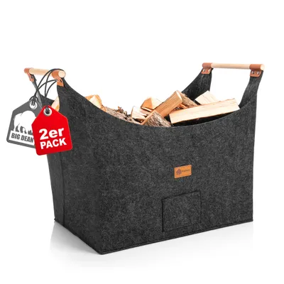 Ezilif Holzkorb Für Kaminholz 60L - Faltbarer Brennholzkorb Mit Leder & Fronttasche