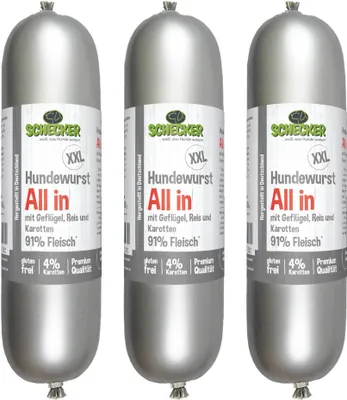 Produktbild von 3 x 800 g -  Schecker Hundewurst All In Fleischwurst - Geflügel-Reis-Karotten mit 91 % Geflügel