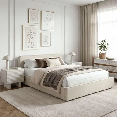 A modern bedroom with a bed, nightstands, and artwork.