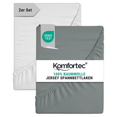 Produktbild von Komfortec 2er Pack Jersey Spannbettlaken 140x200 cm, 100% Baumwolle, Doppelpack Spannbettuch, Grau&Weiß