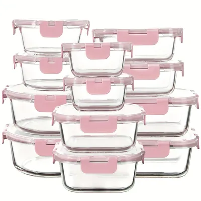 Immagine prodotto di 12 pezzi contenitori per alimenti in vetro, con coperchio, varie dimensioni Set di barattoli per la conservazione, scatole per il pranzo ermetiche a prova di perdite, scatole per la preparazione dei pasti, rosa.