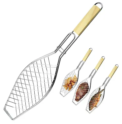 Produktbild von Fischgrillhalter Set 4 Stück, Edelstahl Fischbräter mit Holzgriff, Fischgrillgitter 60 x 15 cm für Grill und BBQ