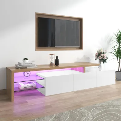 Image de Meuble TV laqué brillant avec éclairage LED, pour téléviseurs de 70 à 79 pouces, meuble TV bas avec 3 compartiments et étagères en verre, contrôle via application, blanc