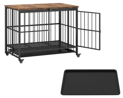Image de Cage pour chien pliable en bois avec roulettes - Cage pour animaux 2-en-1 et table d'appoint