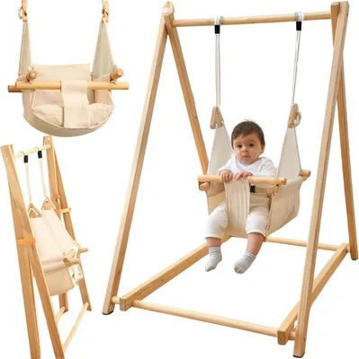 Image de Balançoire pour bébé en bois de pin, avec siège pliable, pour une utilisation intérieure et extérieure. Balançoires pour bébés