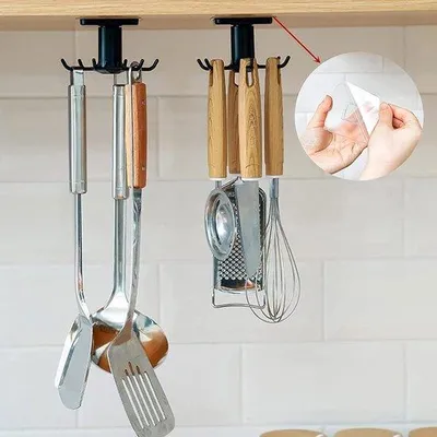 Immagine prodotto di 2 supporti da cucina girevoli a 360° senza foratura, supporti autoadesivi per utensili da cucina (nero)