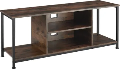 A TV stand with shelves and a dark wood grain finish with black metal legs, shown against a white background.