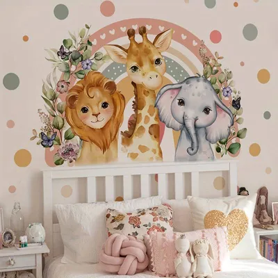 Produktbild von GKA XL Wandtattoo Safari mit Regenbogen Löwe Giraffe Elefant GK7 Wandsticker Kinderzimmer Wandaufkleber Kinder 200 cm x 150 cm