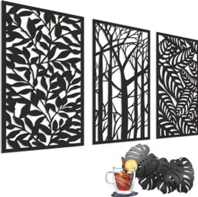 Obrázek produktu pro Dřevěná Dekorace na Zeď do Obývacího Pokoje 3D Obraz Ažurový Panel do Ložnice Obývacího Pokoje Stromy Listy 58x90