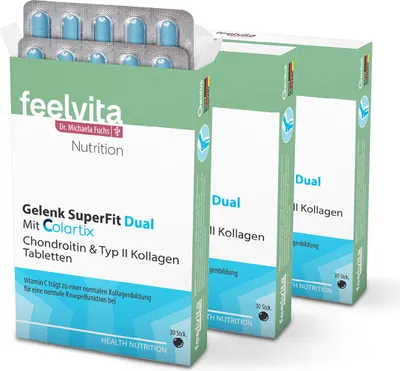 Produktbild von Genius Feelvita Nutrition Gelenk SuperFit Dual hochdosiert für normale Knochen Knorpel und Bindegewebe sowie der normalen Kollagenbildung 90 Tabletten