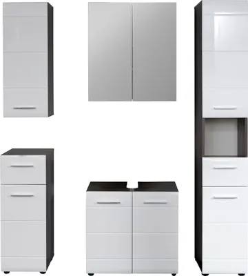Produktbild von trendteam Bad 5-teilige Kombination Line/Skin Sardegna Rauchsilber Melamin/Weiß Hochglanz Tiefzieh 150 x 182 x 31 cm