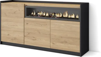 Produktbild von Sideboard, Highboard, 156x37x80cm, 3 Türen, Elektrokamin., Eiche Schwarz