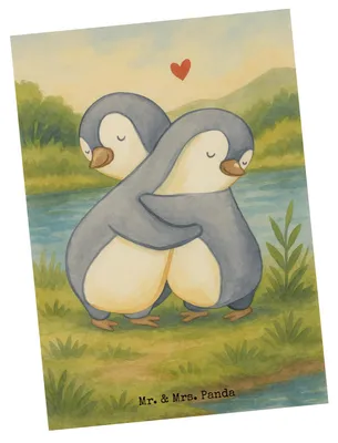 Produktbild von Mr. & Mrs. Panda Postkarte Pinguine Kuscheln Design - Weiß - Geschenk, Postkarten, Freundin, Valentinstag, für Frauen, Partner, Hochzeitstag, einzelkarte, bildkarte