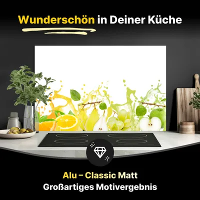 Produktbild von Spritzschutz Küchenrückwand aus Aluminiumverbund in Matt 125x60 cm - Bunte spritzige Früchte