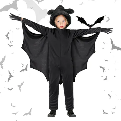 Fledermauskostüm für Kinder, Umhang, Handschuhe, Halloween, Schwarz