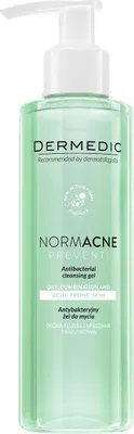 A bottle of Dermedic Normacne antibacterial cleansing gel with a pump dispenser.