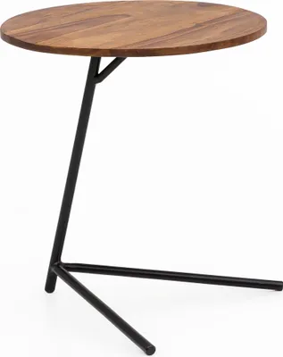 Runder Beistelltisch mit Sheesham-Holzplatte und schwarzem Metallgestell in Gesamtansicht.