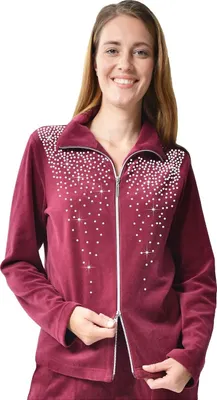 Produktbild von DESEN Damen Freizeitjacke Hausjacke Bluse Mit Reißverschluss Sport Heller Strassstein 80% Baumwolle Weinrot 40/42